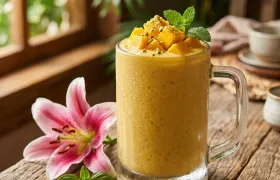 A fresh fruit smoothie made at Pada Thai, garnished with a tropical flower